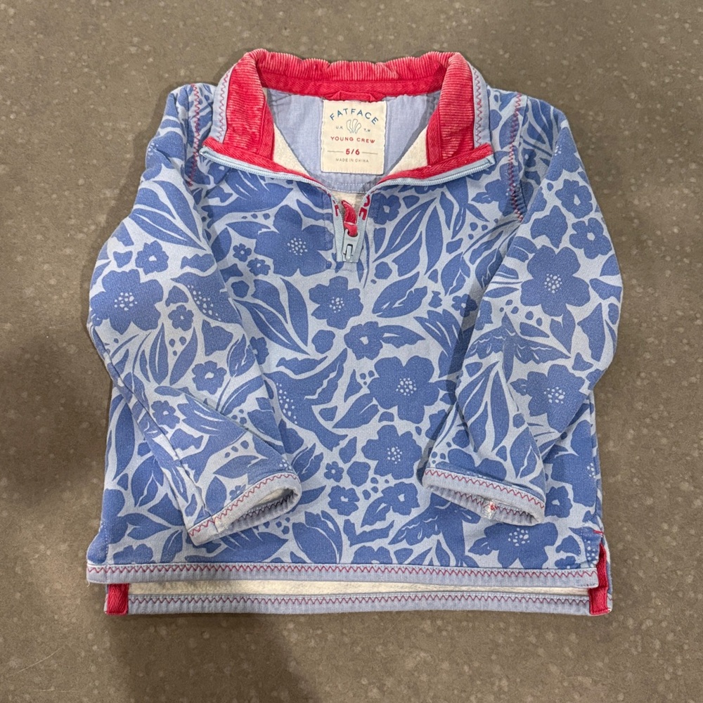 FAT FACE Girl’s Blue Floral Long Sleeve Zip Up, size 5/6 EUC
